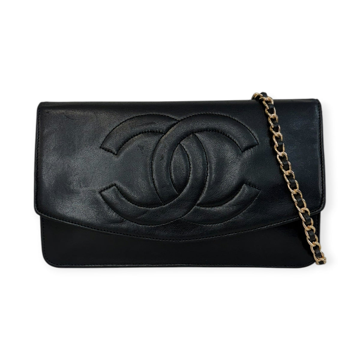 CHANEL Black Lambskin GHW Timeless Clutch with added chain Chanel