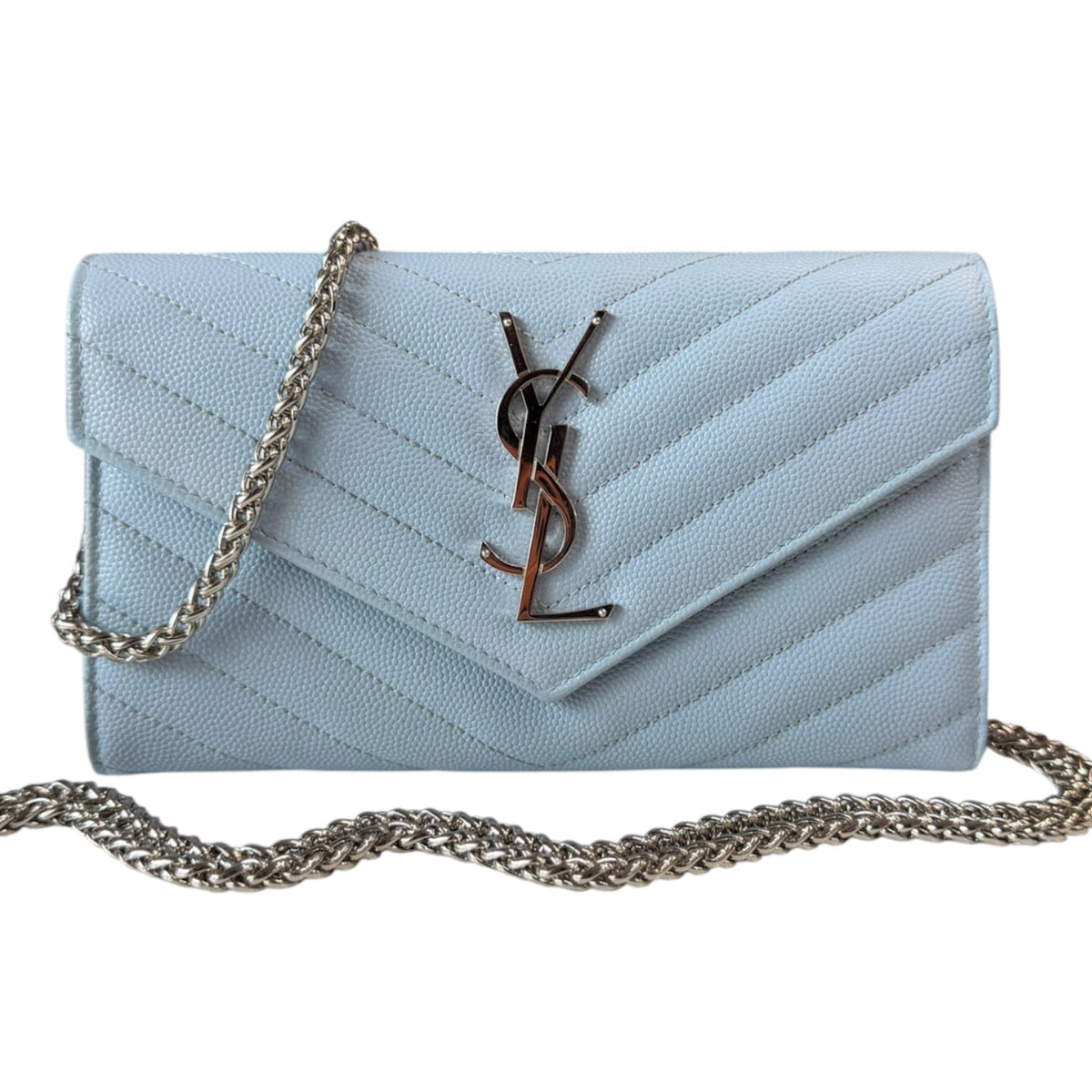 SAINT LAURENT Sky Blue Grained Leather SHW Cassandra Clutch with Chain Saint Laurent
