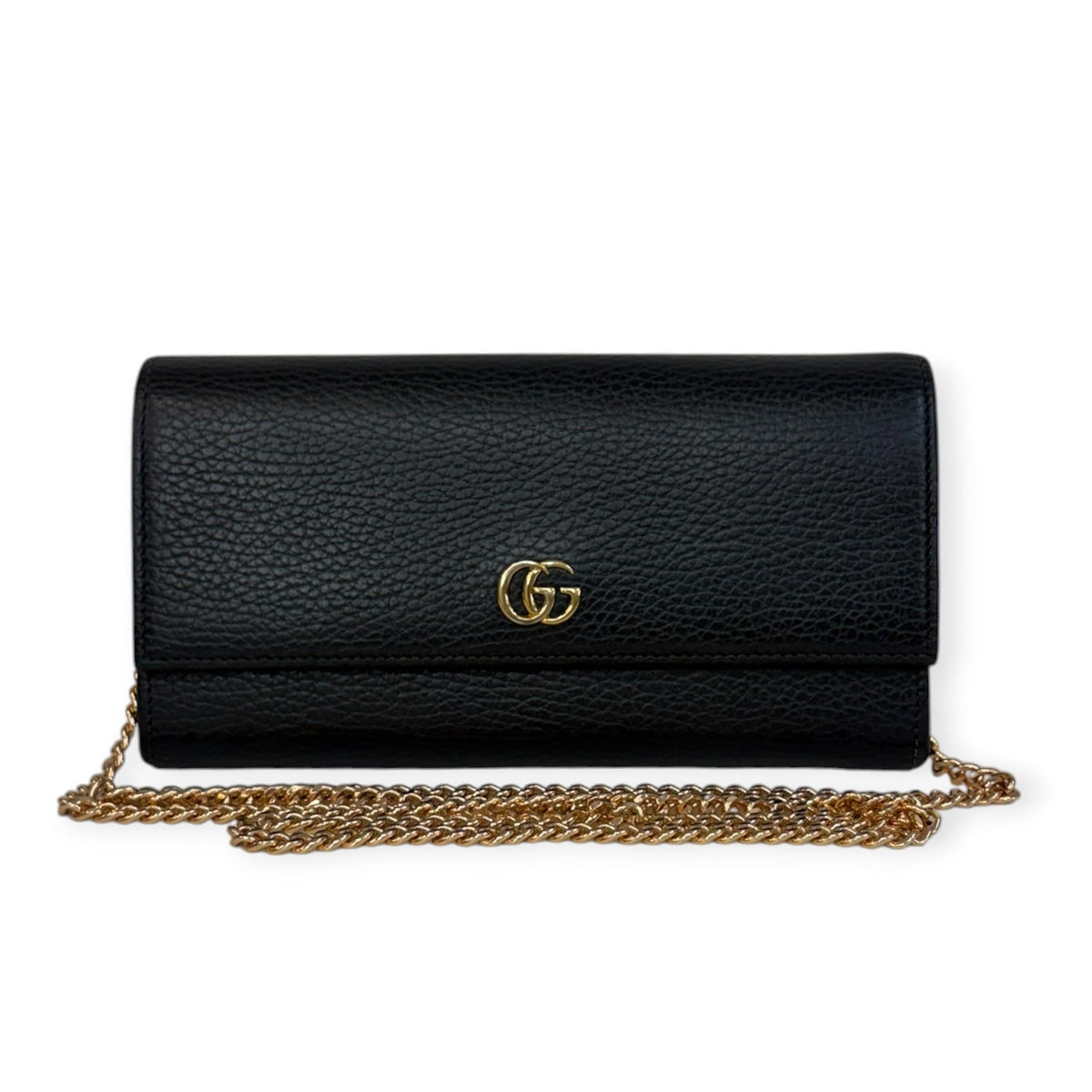 GUCCI Black Grained Leather GG Marmont Wallet with Chain Gucci