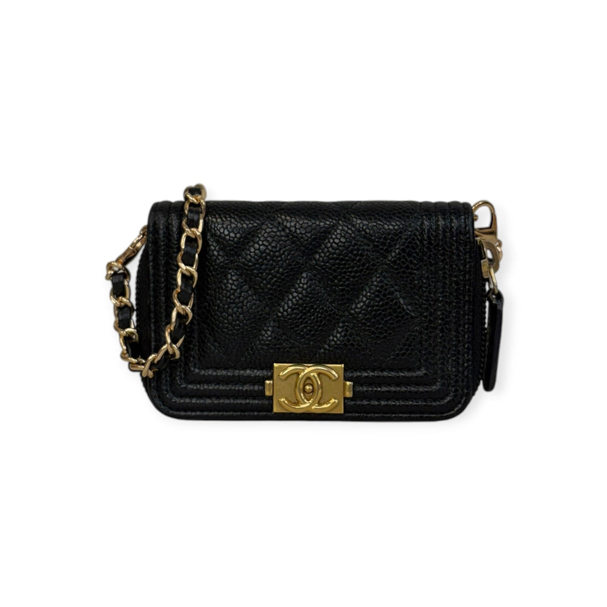 CHANEL Black Quilted Caviar Leather Compact Boy Zip Wallet Chanel