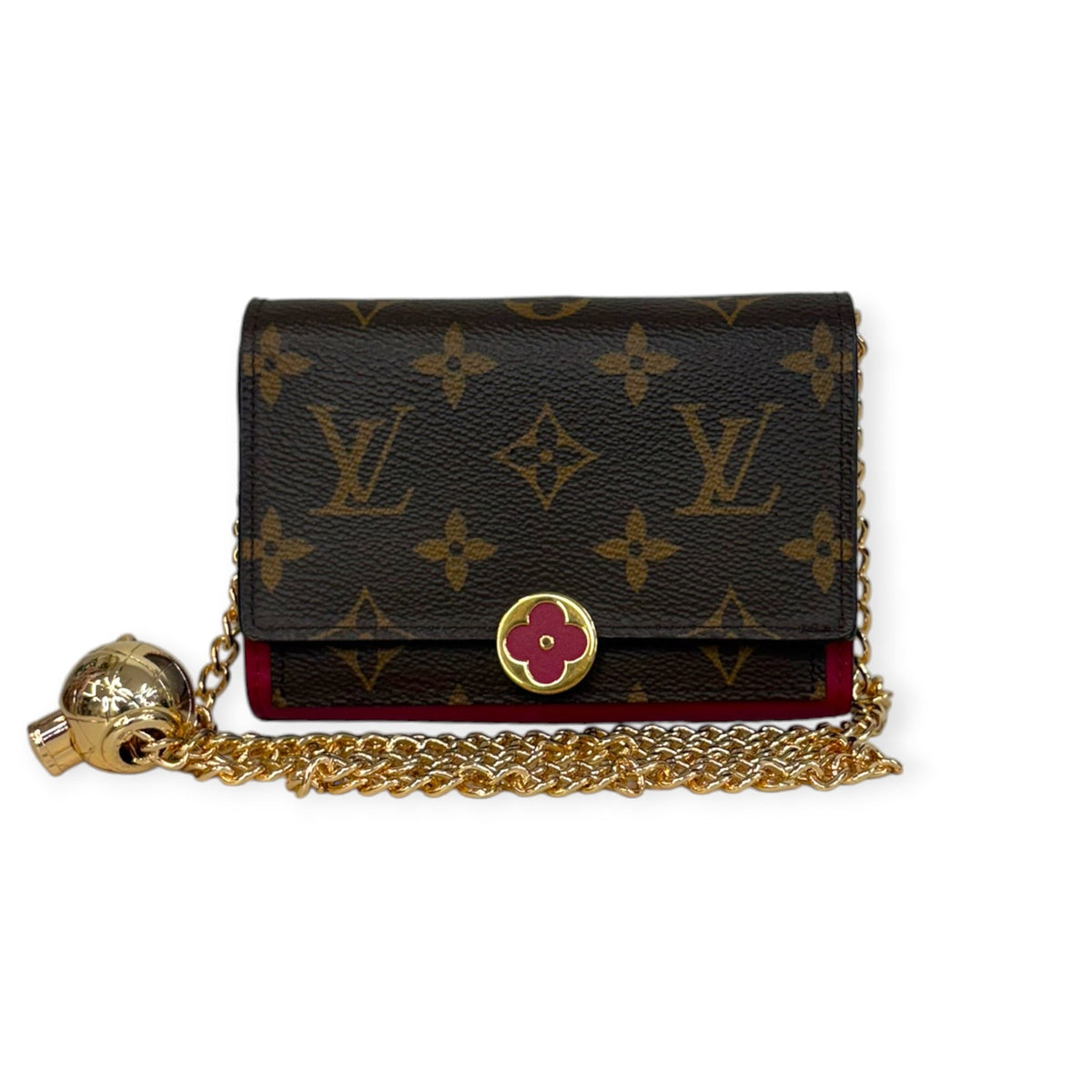 LOUIS VUITTON Monogram Flore Compact Wallet with Added Adjustable Chain Louis Vuitton