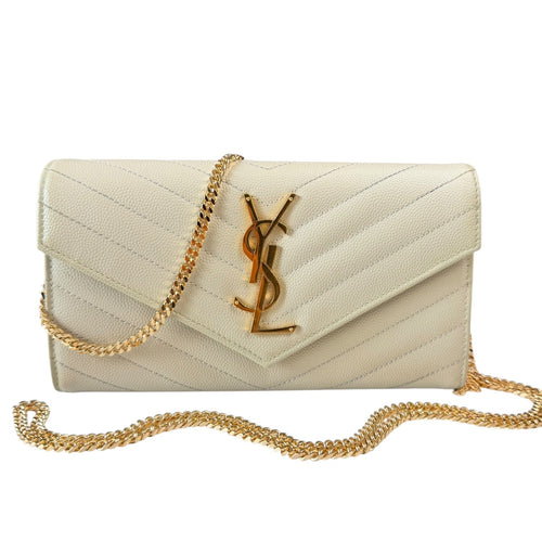 SAINT LAURENT Ivory Grained Leather Chevron Cassandra Clutch with Chain/Tassel Saint Laurent
