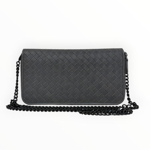 BOTTEGA VENETA Grey Leather Intrecciato Organizer Zip Wallet with added Chain Bottega Veneta
