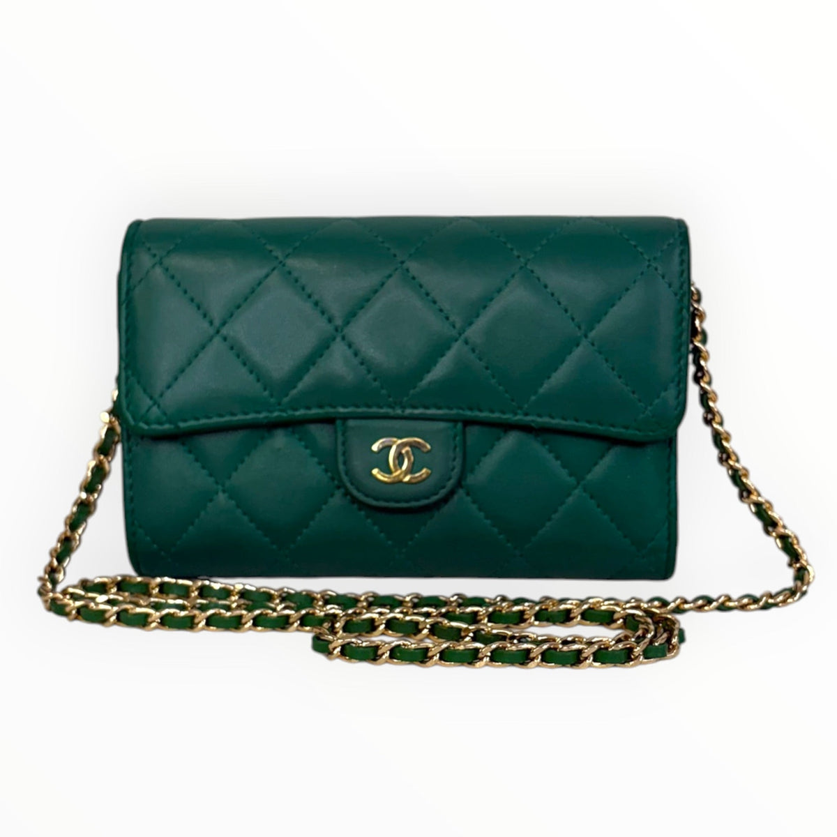 CHANEL Green Lambskin Classic Flap Medium Compact Trifold Wallet with added chain Chanel