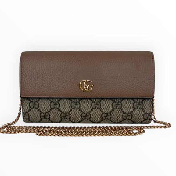 GUCCI Tan Leather/Coated Canvas GG Supreme Marmont Wallet with added Chain Gucci