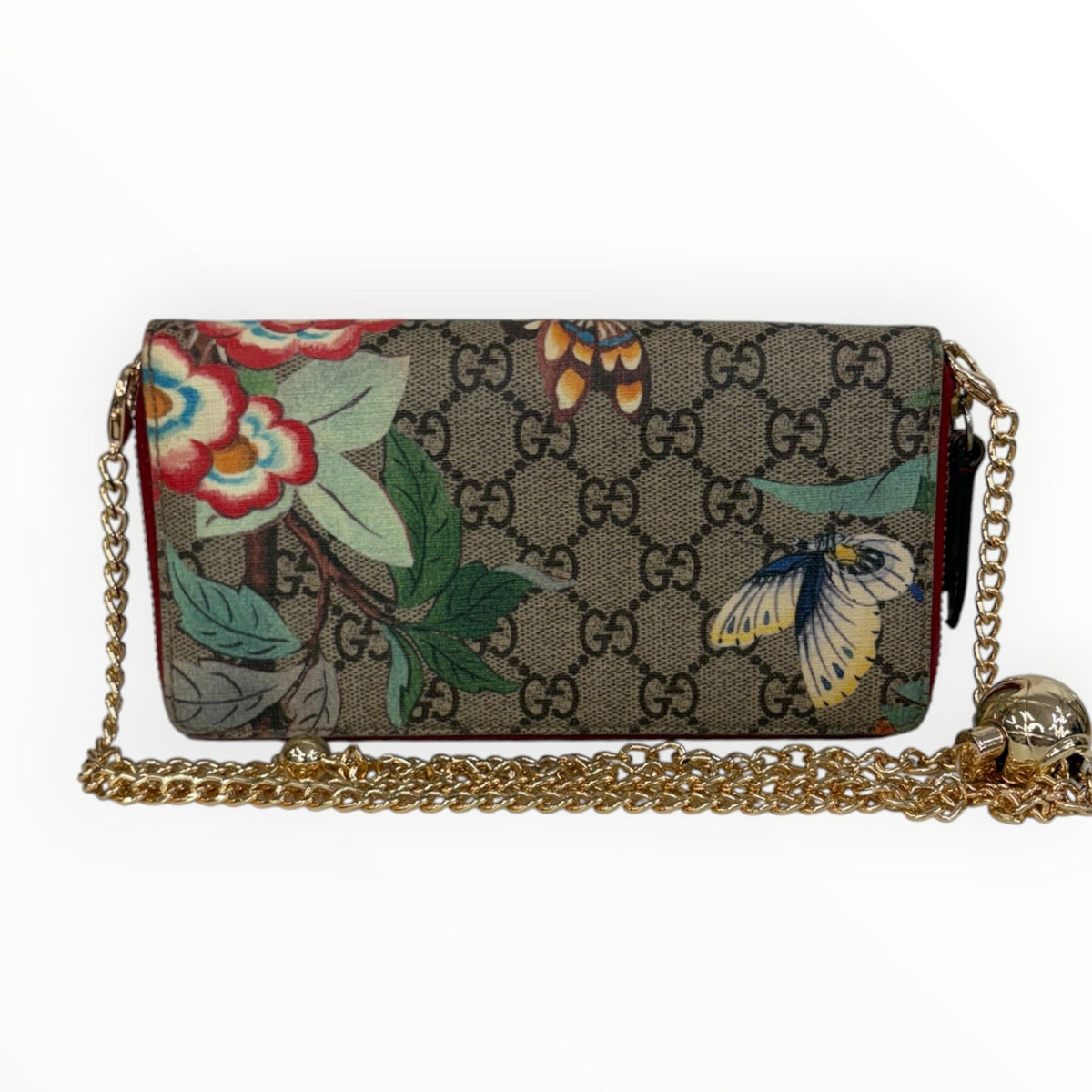 GUCCI GG Supreme Coated Canvas Tian Print Zip Wallet with Crossbody Chain Gucci
