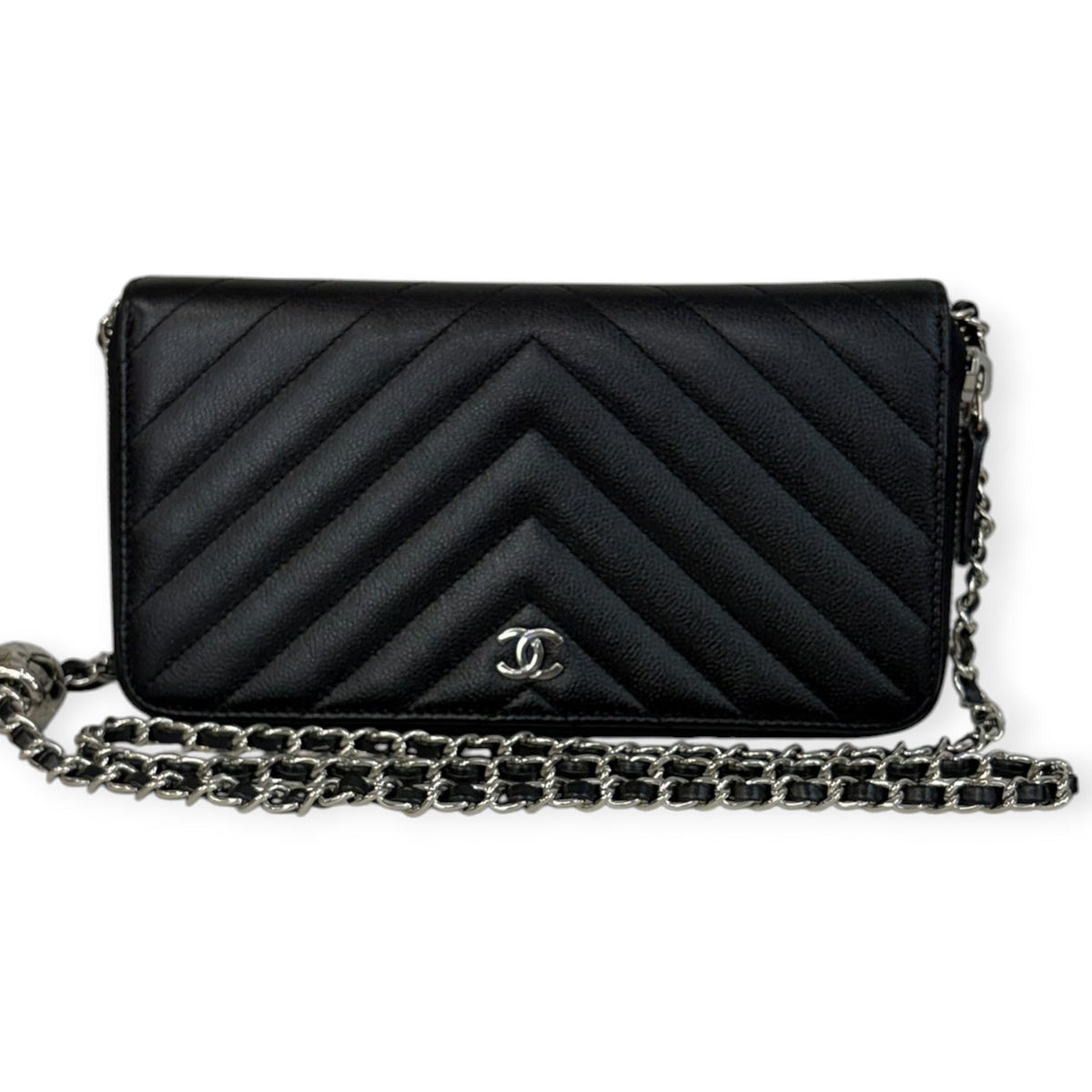 CHANEL Black Leather V Stitch Quilted SHW Zip Wallet Chanel