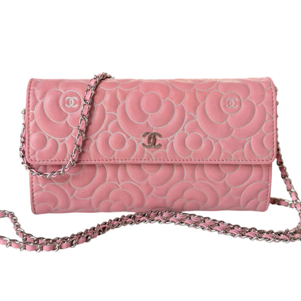 CHANEL Pink/Silver Lambskin SHW Camellia Long Flap Wallet Chanel