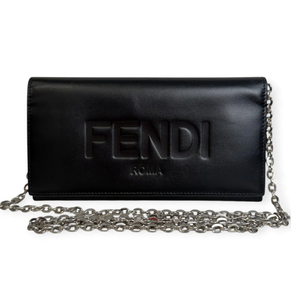 FENDI Black Leather Roma Continental Wallet with Chain Fendi