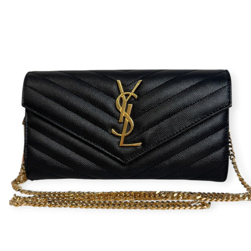 SAINT LAURENT Black Grained Leather Chevron Cassandra Clutch with Chain/Tassel Saint Laurent