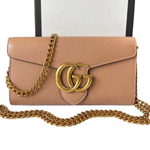 GUCCI Beige Pebbled Leather GG Marmont Wallet with Chain Gucci