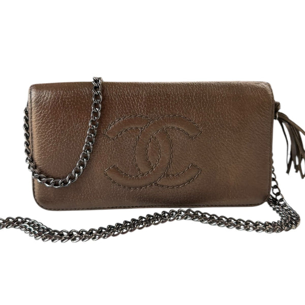 CHANEL Dark Bronze Grained Leather Timeless Zip Wallet on Chain Chanel