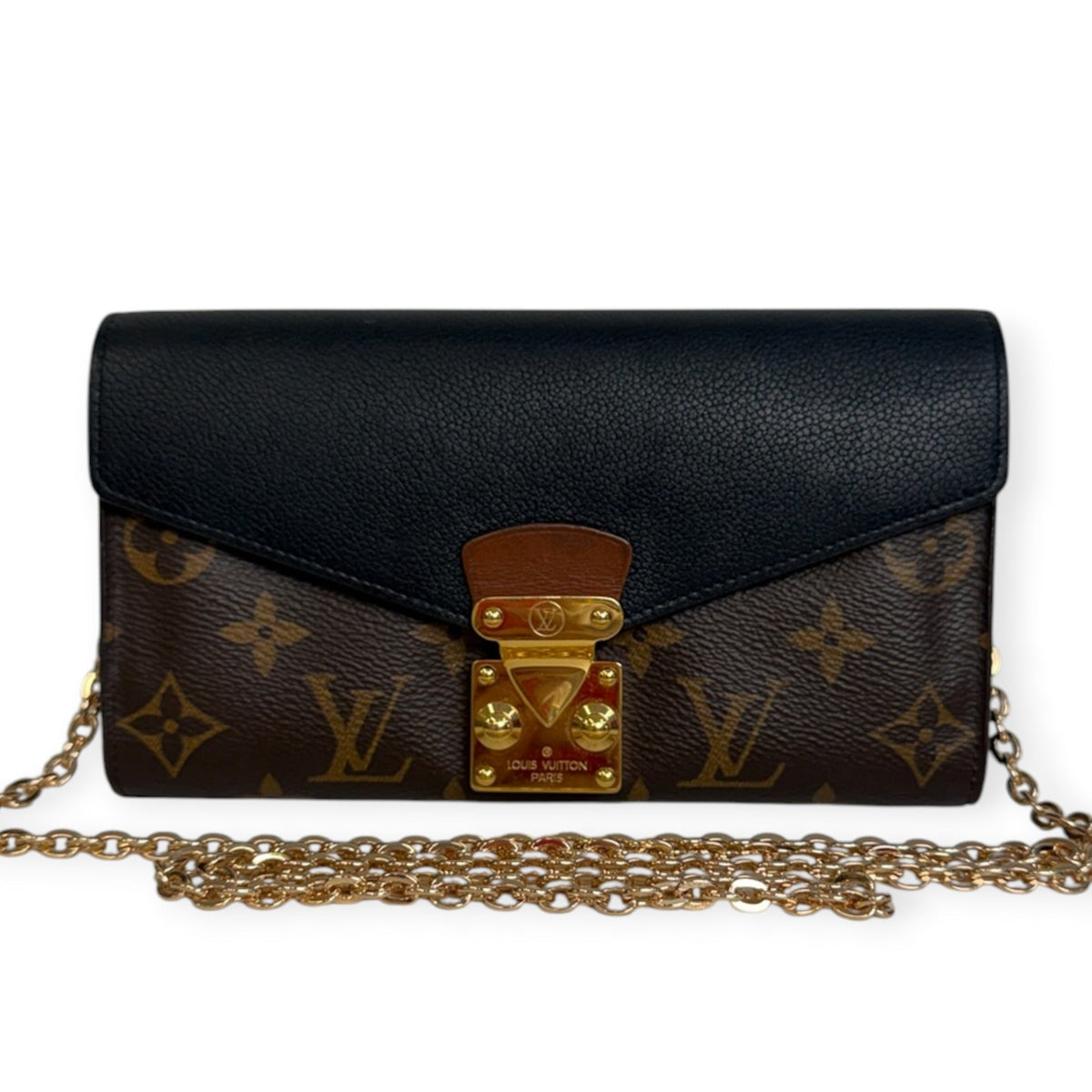 LOUIS VUITTON Black Leather and Monogram Portefeuille Pallas Wallet with Chain Louis Vuitton