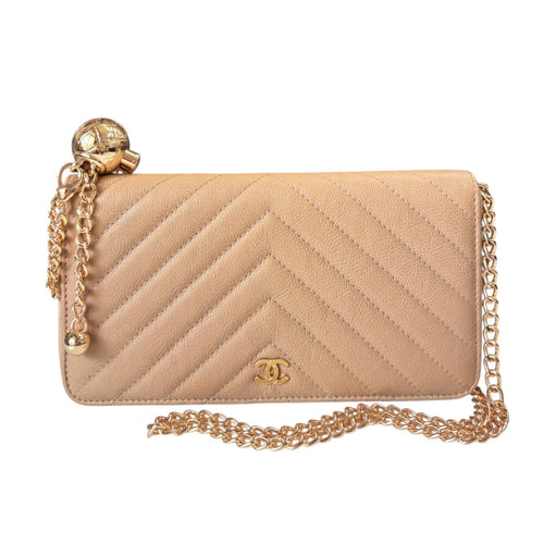 CHANEL Beige Aged Calfskin Chevron GHW Zip Wallet Chanel