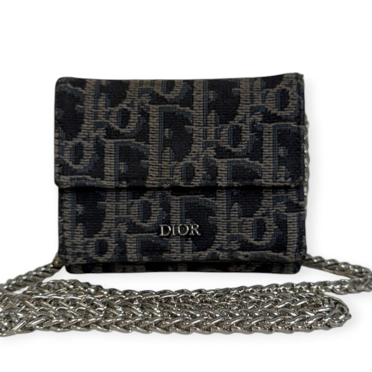 DIOR Black Oblique Compact Wallet with Adjustable Chain Dior