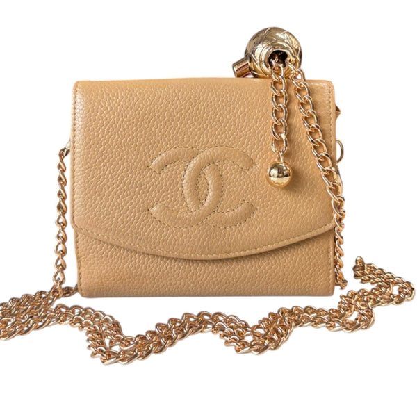 CHANEL Biege Caviar Leather Timeless Compact Wallet Chanel
