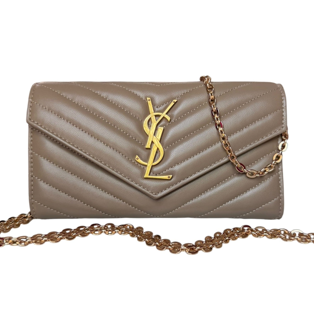 SAINT LAURENT Camel Leather Chevron Cassandra Clutch with Chain Saint Laurent