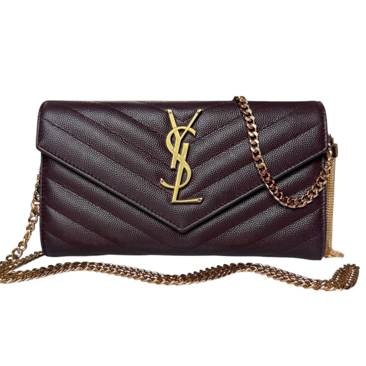 SAINT LAURENT Brown Grain de Poudre Chevron Cassandra YSL Clutch with Chain Saint Laurent