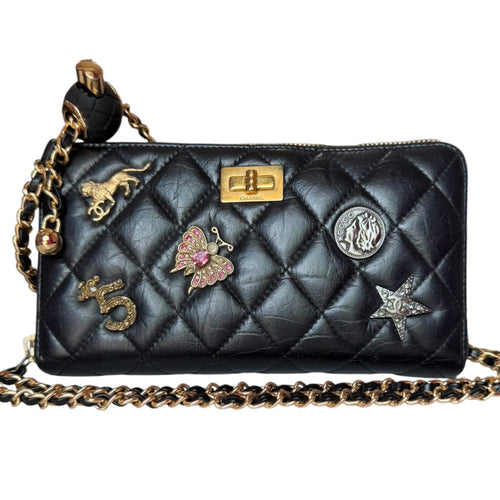 CHANEL Black Quilted Leather Lucky Charms 2.55 Reissue Zip Wallet Chanel