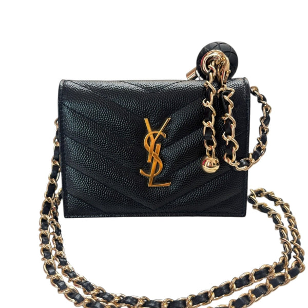 SAINT LAURENT Black Leather YSL Compact Wallet with Adjustable Chain Saint Laurent