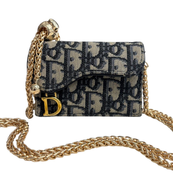 DIOR Navy Oblique Compact Saddle Card Case with Adjustable Chain Dior