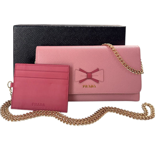 PRADA Petalo Peonia Saffiano Leather Wallet/Card Holder with Chain Prada