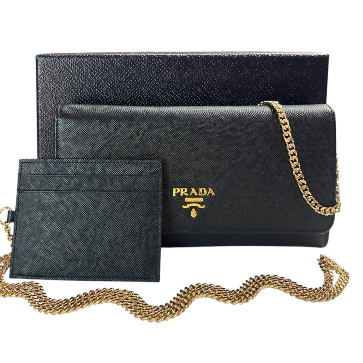 PRADA Black Saffiano Leather Wallet/Card Holder with Chain Prada