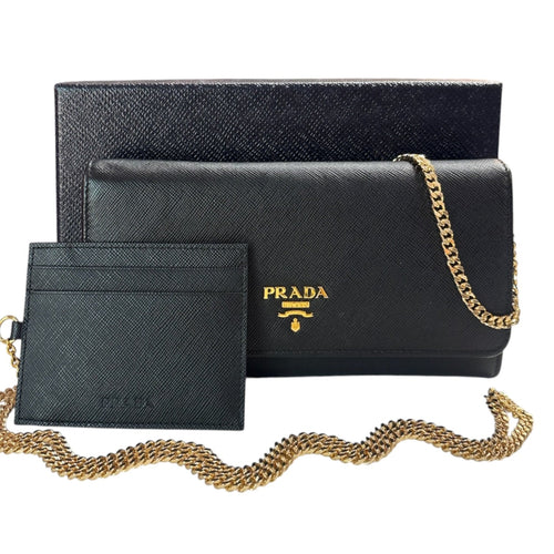 PRADA Black Saffiano Leather Wallet/Card Holder with Chain Prada