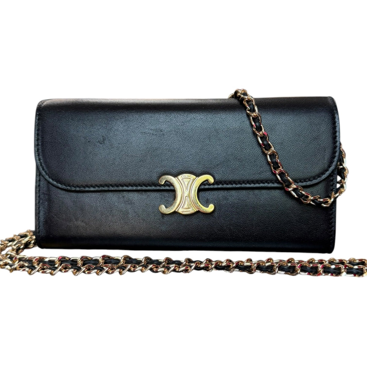 CELINE Black Leather Triomphe Long Wallet with added Chain Celine