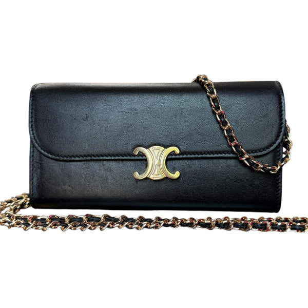 CELINE Black Leather Triomphe Long Wallet with added Chain Celine