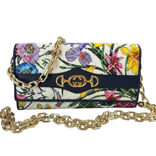 GUCCI Flora Horsebit Canvas Wallet with Crossbody Chain Gucci