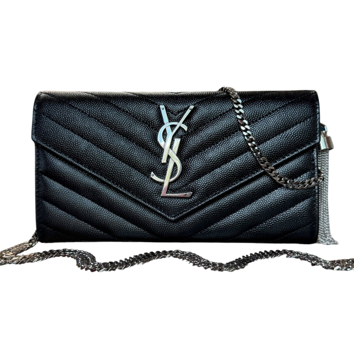 SAINT LAURENT Black Grained Leather SHW Cassandra Clutch with Chain Saint Laurent