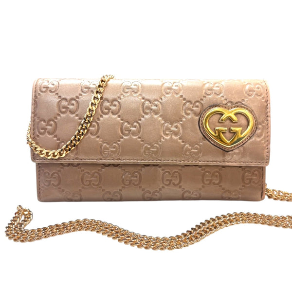 GUCCI Metallic Rose Gold Guccissima Leather Wallet with added Gold Chain Gucci