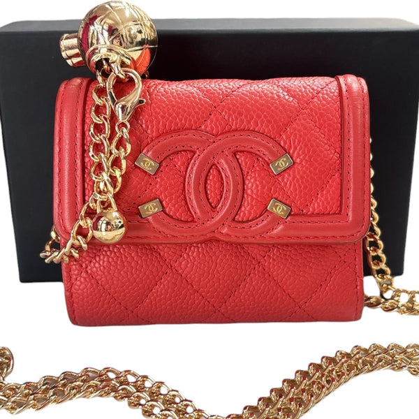 CHANEL Orange Caviar Leather Filigree Compact Wallet Chanel