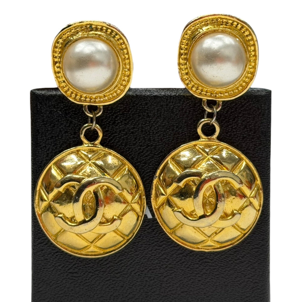 Vintage CHANEL 24k Gold Plated CC Logo Drop Clip Earrings Chanel