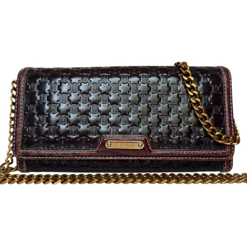 CELINE Brown Patent and Croc Embossed Leather Triomphe Long Wallet with Chain Celine