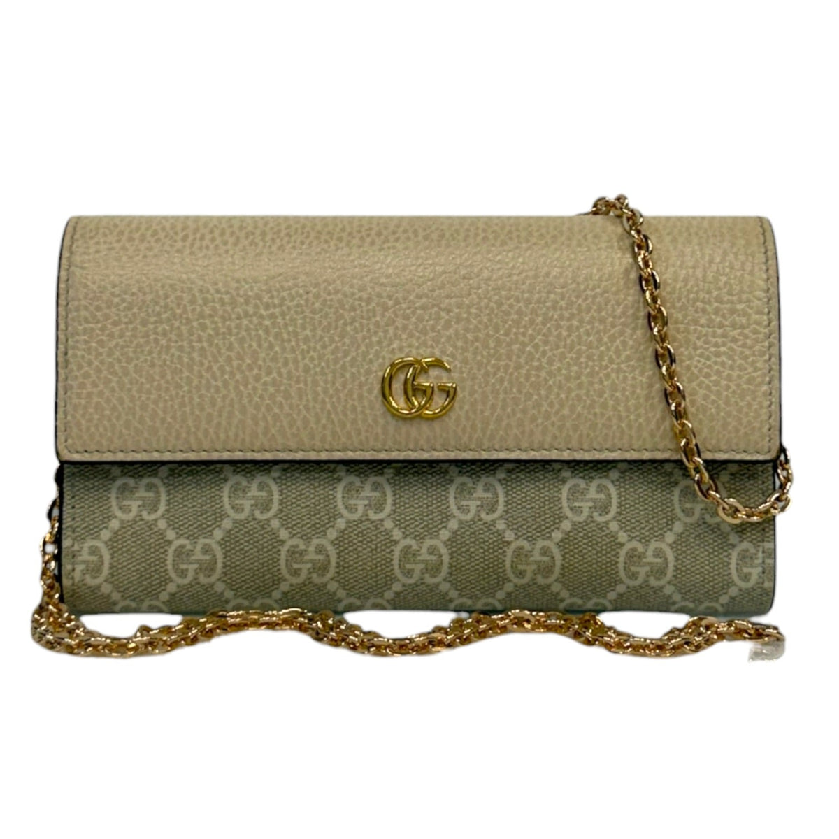 GUCCI Ivory Leather/Coated Canvas GG Supreme Marmont Wallet with added Chain Gucci