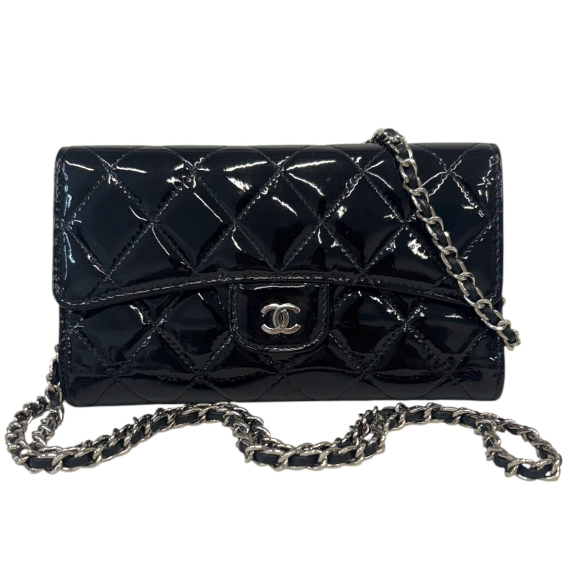 CHANEL Black Patent Leather Classic Flap Trifold Wallet SHW Chanel