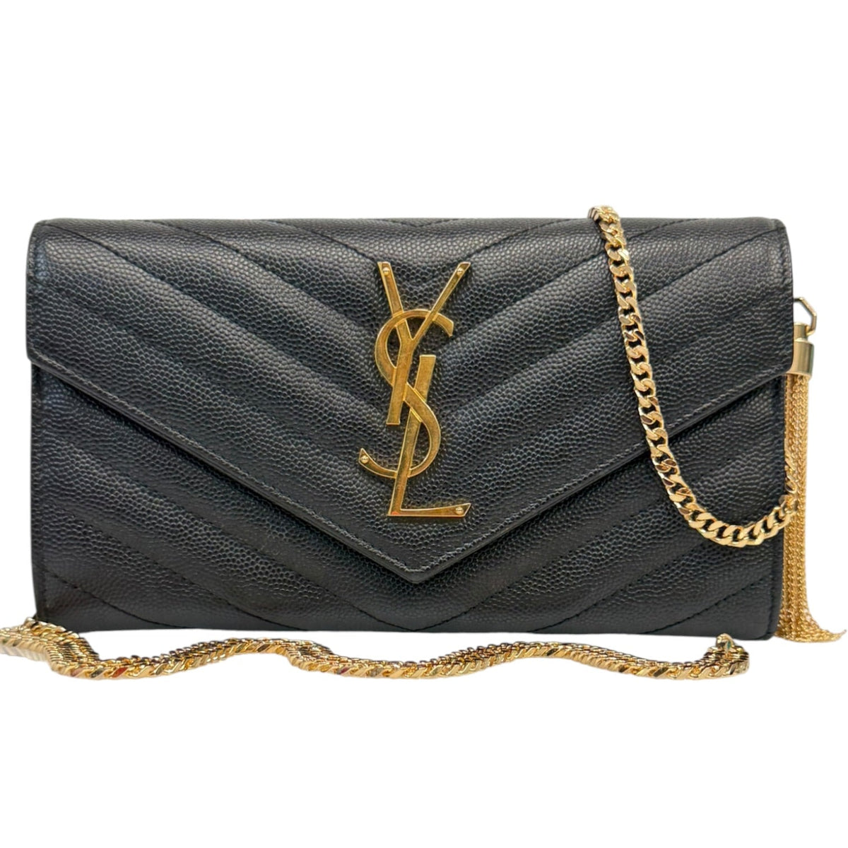 SAINT LAURENT Black Grained Leather Chevron Cassandra Clutch with Chain/Tassel Saint Laurent