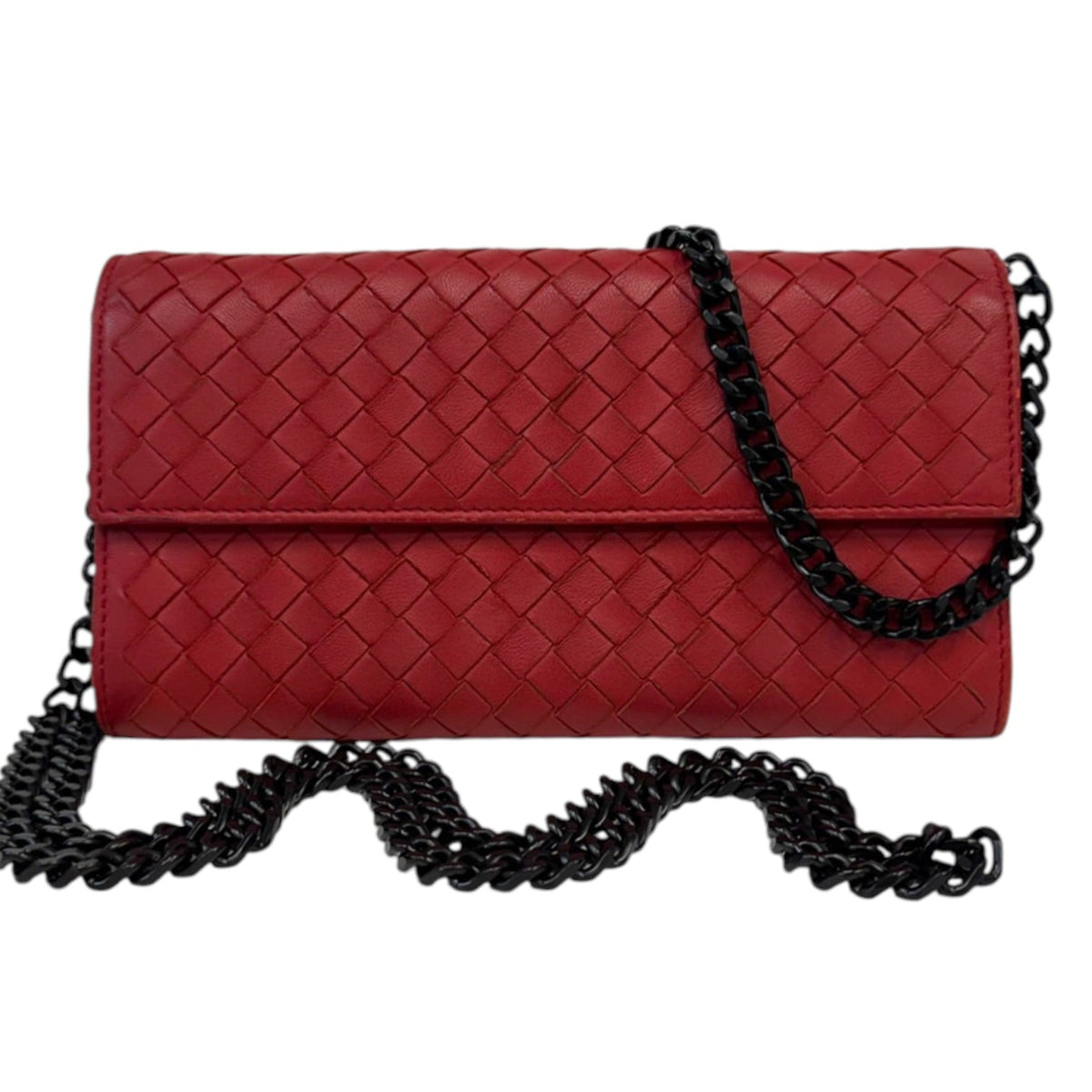 BOTTEGA VENETA Red Leather Intrecciato Wallet with added Chain Bottega Veneta