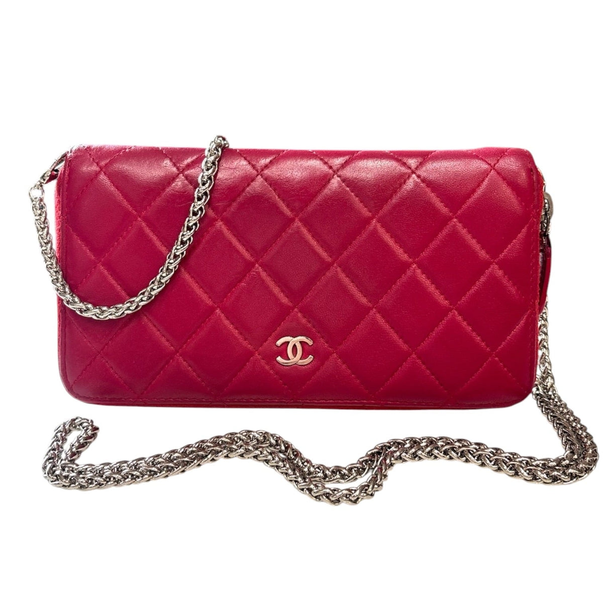 CHANEL Raspberry Lambskin Quilted SHW Zip Wallet Chanel
