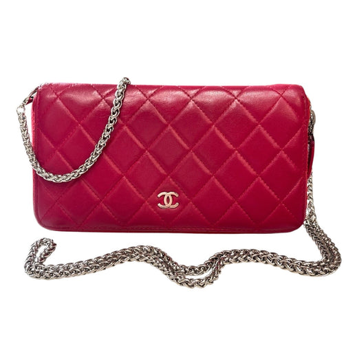 CHANEL Raspberry Lambskin Quilted SHW Zip Wallet Chanel