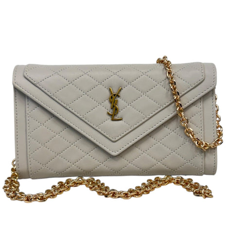 SAINT LAURENT Ivory Leather Gaby YSL Clutch with added Gold Chain Saint Laurent