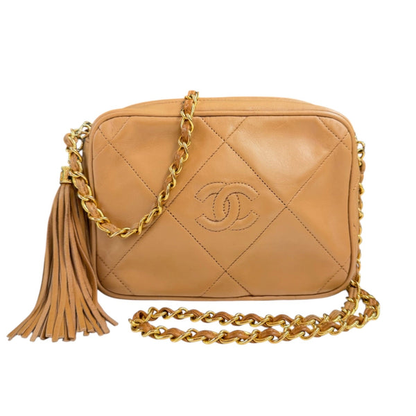 CHANEL Tan Diamond CC Quilted Lambskin Tassel Camera Bag Chanel