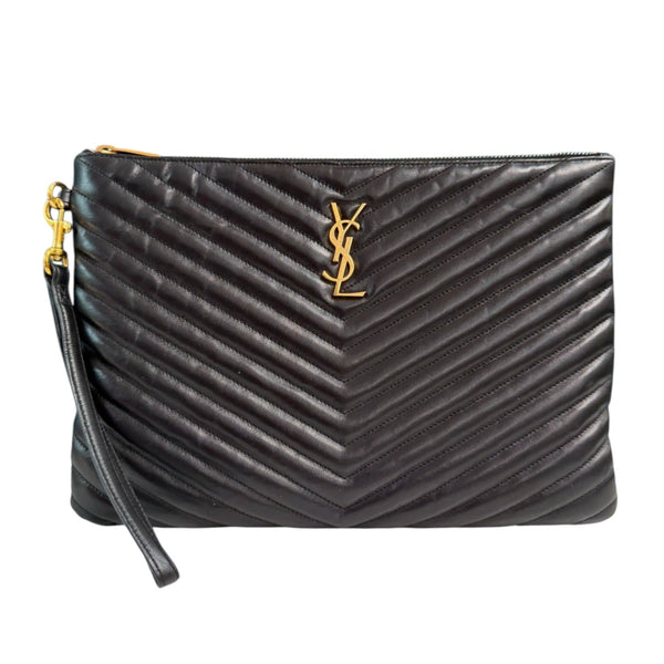 SAINT LAURENT Black Smooth Leather Chevron Cassandra Clutch Saint Laurent
