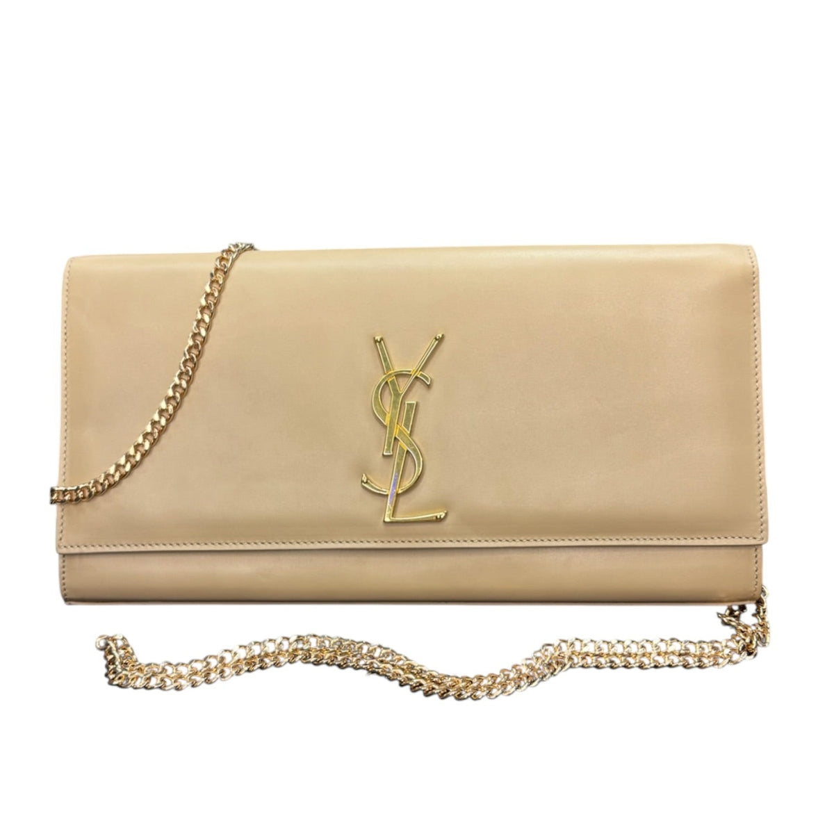 SAINT LAURENT Beige Calfskin Leather Kate Clutch with Chain Saint Laurent