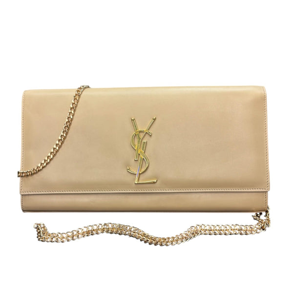 SAINT LAURENT Beige Calfskin Leather Kate Clutch with Chain Saint Laurent