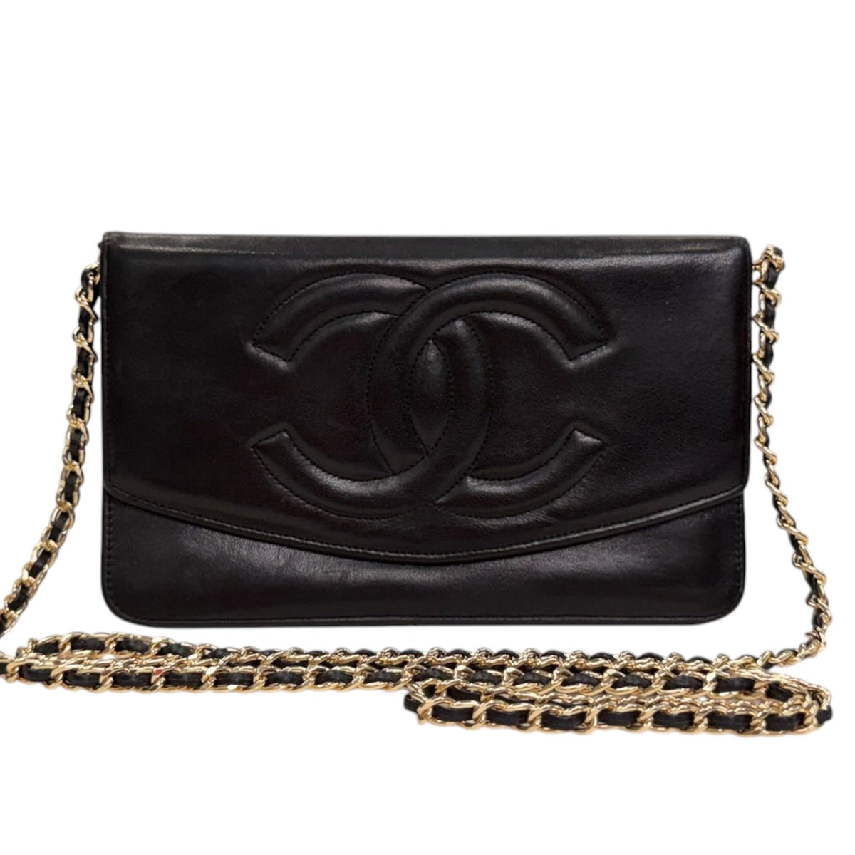 CHANEL Black Lambskin GHW Timeless Clutch with added chain Chanel