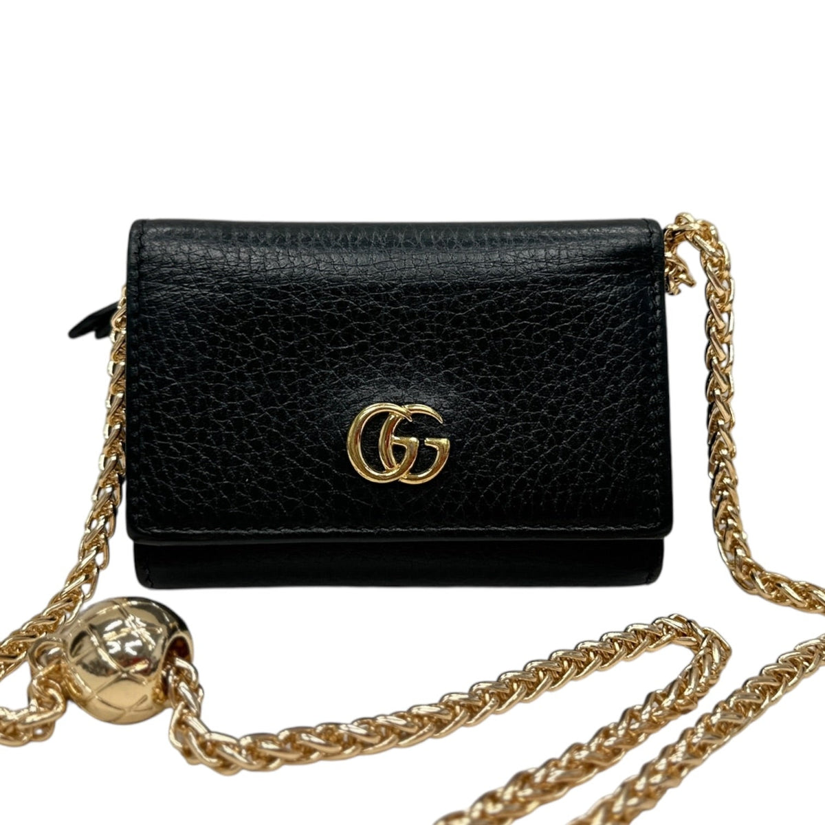 GUCCI Black Leather GG Marmont Compact Wallet with Adjustable Chain Gucci