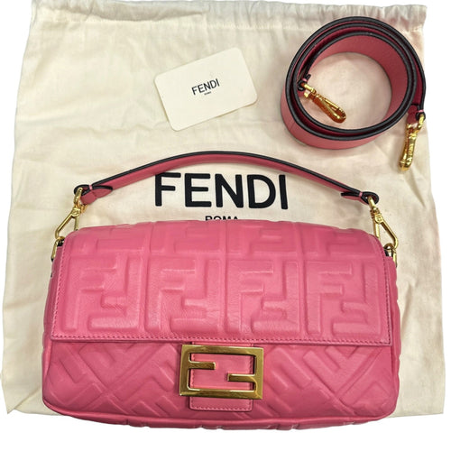 FENDI Pink Nappa Lambskin FF 1974 Embossed Baguette Fendi